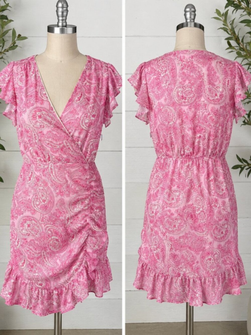 NSR Womens Pink Paisley Wrap Mini Dress Size M Ruched Ruffle Flutter Sleeve NWT